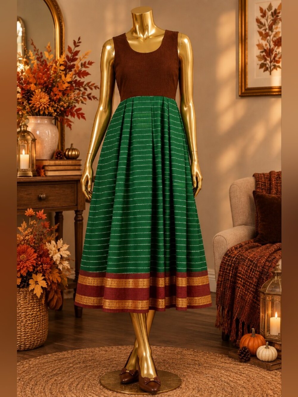 Silk Green & Brown Sleeveless Midi Skirt Dress